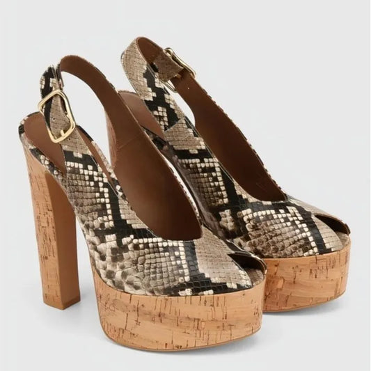 Snake print platform cork heeled sandals