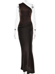 Satin One Shoulder Ruched Maxi Dress
