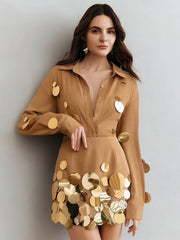 Khaki long sleeve shirt with gold sequins and matching mini skirt