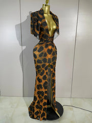 Leopard print embellished V-neck gown detail view