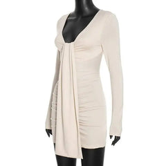 V-Neck Long Sleeve Ruched Drape Mini Dress