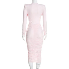 Long Sleeve Deep Neck Top and Ruched Pencil Skirt Set