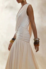 Draped V-Neck Ruched Waist Maxi Dress