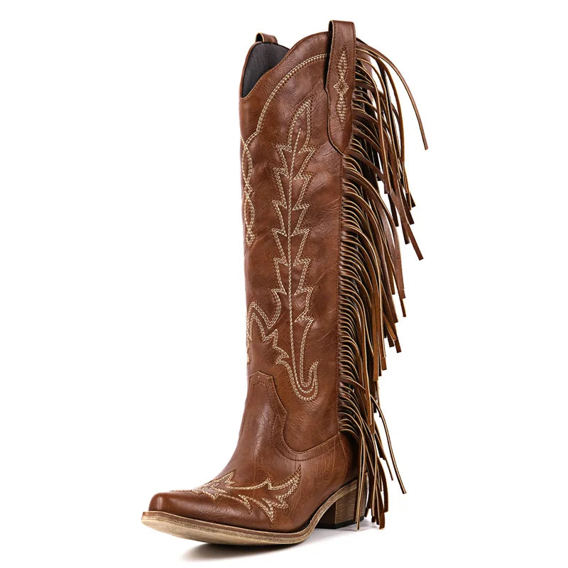 Brown faux leather western boots with fringe and embroidery