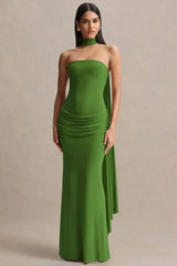 Strapless Choker Neck Gathered Waist Maxi Dress