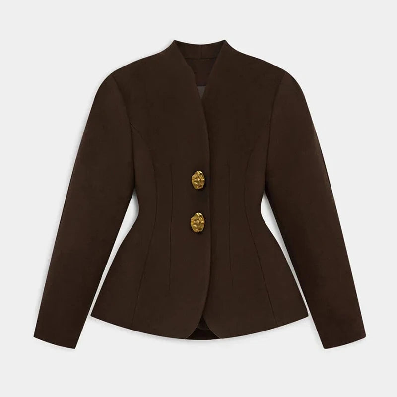 Brown blazer with gold buttons on a light gray background
