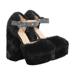 Faux fur platform sandals with embellished ankle strap
