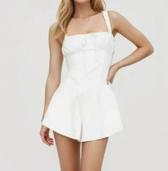 White Ruched Corset Bodysuits Cross Lacing Up Back Romper