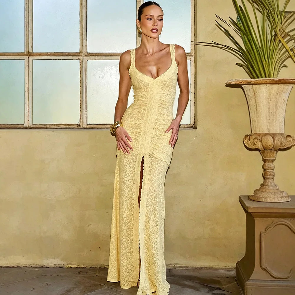 Yellow lace spaghetti strap v-neck maxi dress