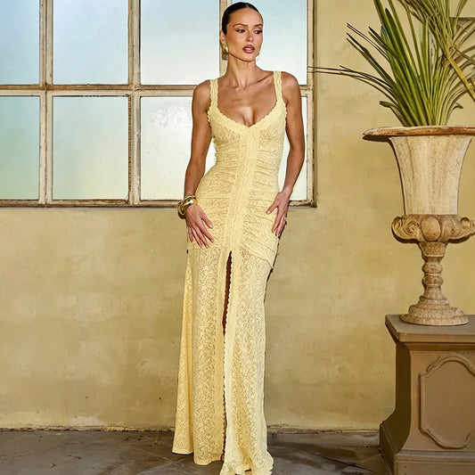 Yellow lace spaghetti strap v-neck maxi dress