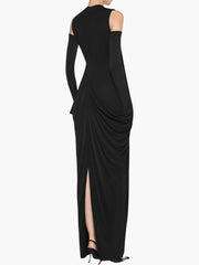 Round Neck Metal Buckle Cut Out Sleeve Drape Maxi Dress