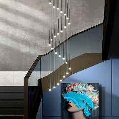  Contemporary chandelier with geometric design, illuminating Stair case of a modern living room. Golden Atelier 2