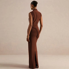 Mock Neck Sleeveless Ruched Detailing Maxi Dress