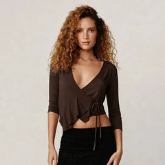 Ruched wrap crop top with deep V-neck in brown