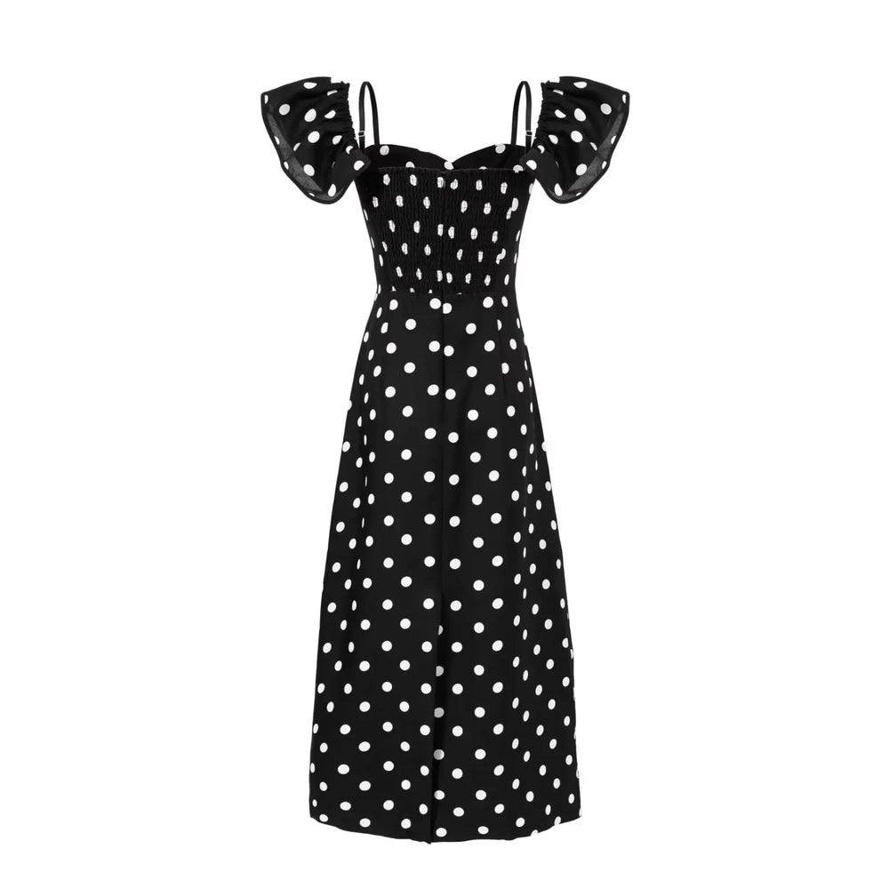 Black polka dot off-shoulder midi dress with ruched bodice and button front