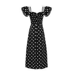 Black polka dot off-shoulder midi dress with ruched bodice and button front