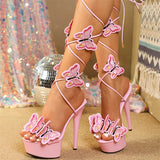  Cross Strap Handmade Embroidery Butterfly High Heels Shoes