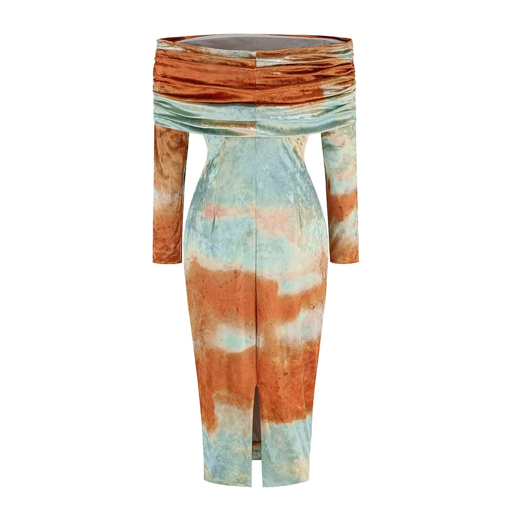 Tie-dye dress with a draped neckline on a white background