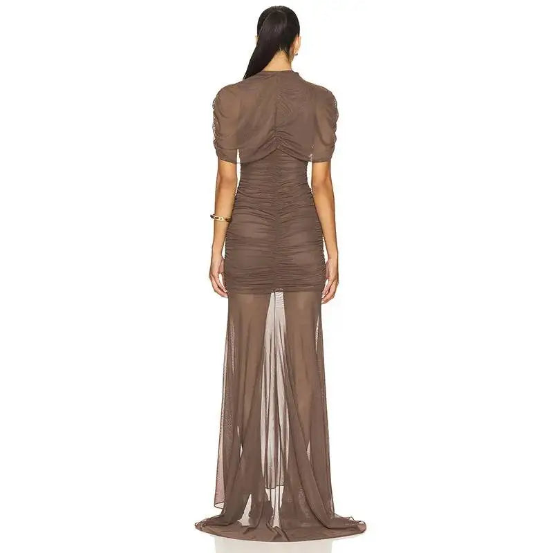 Brown evening gown with sheer overlay on a white background