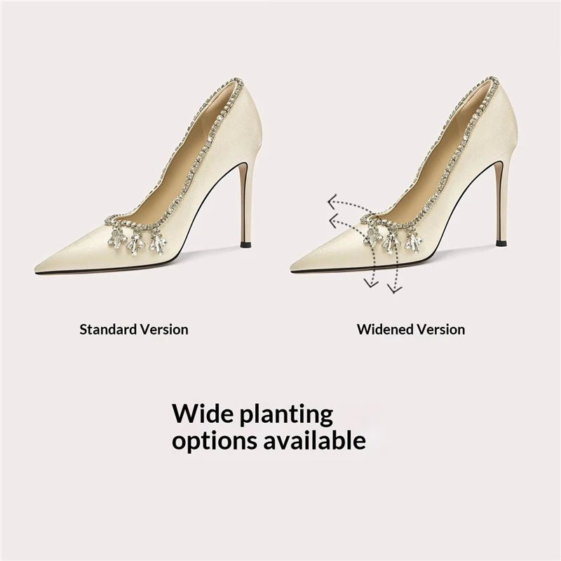 Two high-heeled shoes, one standard and one widened, on a light gray background.