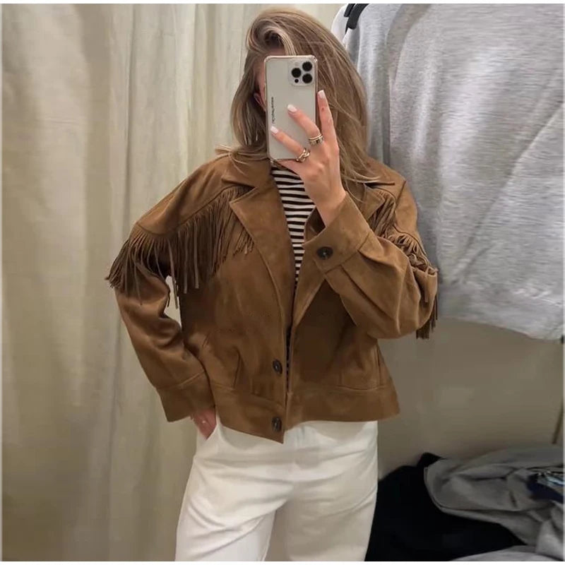 Faux suede fringe crop Jacket with button front