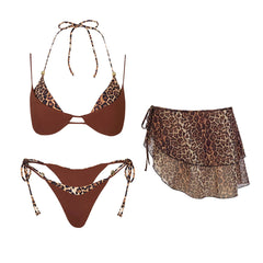 Leopard print and brown contrast trim swimwear set with wrap skirt