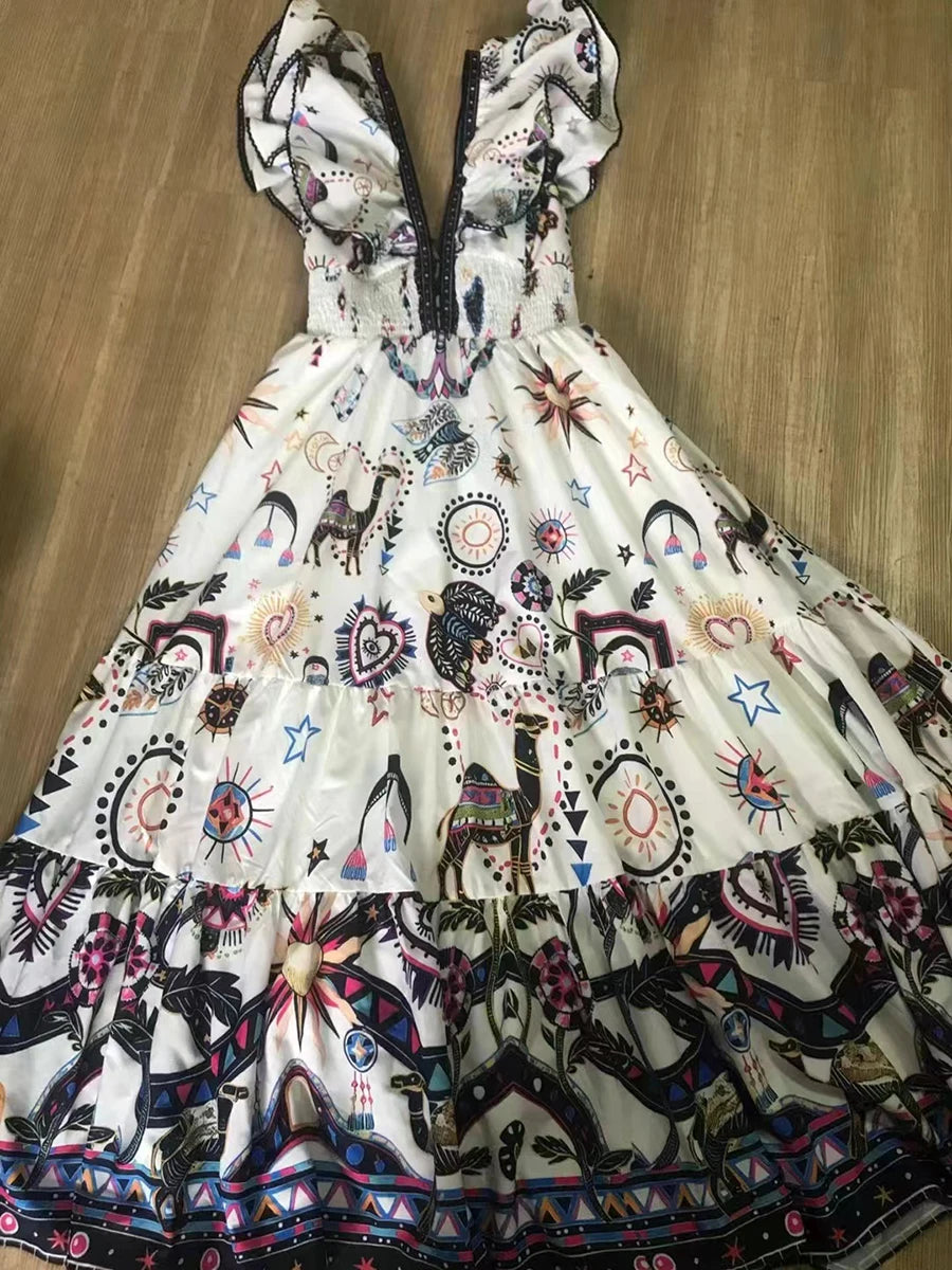 Dress with colorful geometric patterns on a wooden floor