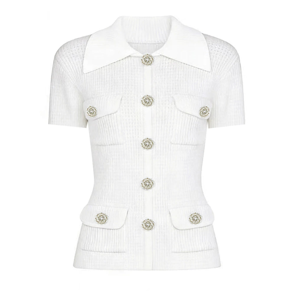 White knit cardigan with white collar and crystal buttons