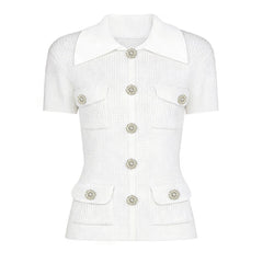 White knit cardigan with white collar and crystal buttons