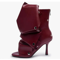 Peep Toe Pleated Snap Button Stiletto Heel Boots