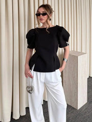 Puff Sleeve Peplum Blouse Boat Neck Bow Detail Short Sleeve