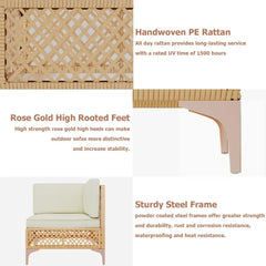 Wicker chair with text highlighting features like handwoven PE rattan, rose gold high rooted feet, and sturdy steel frame.