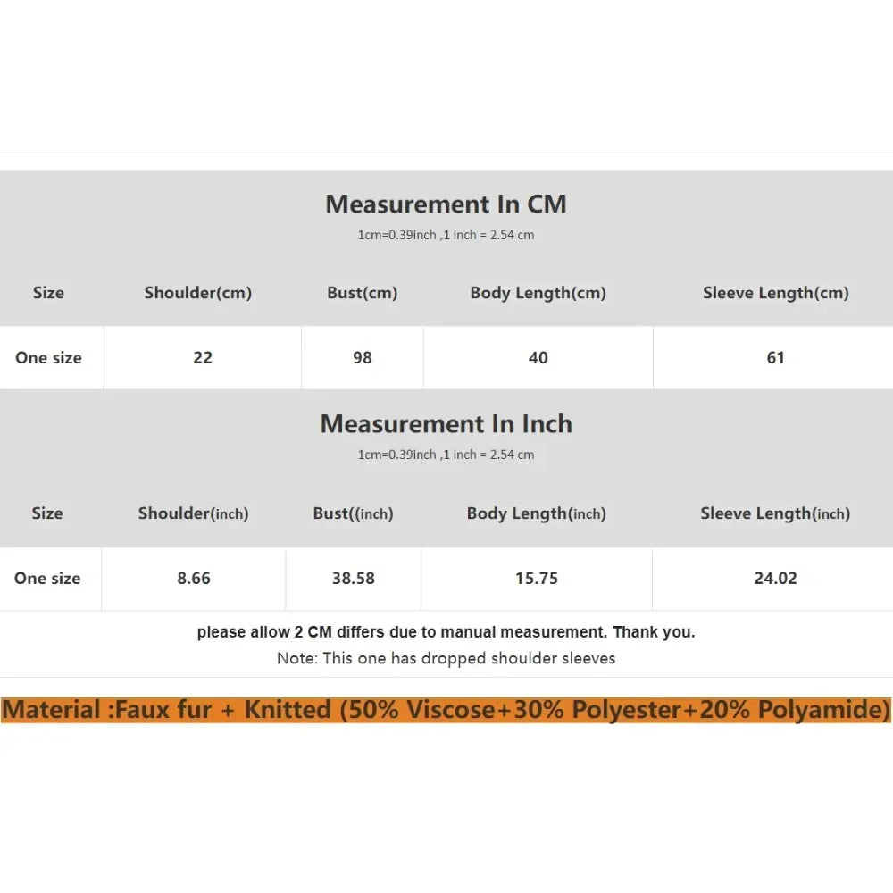 Measurement chart for clothing size with shoulder, bust, body length, and sleeve length details.