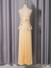 Peach Floral Embroidered Strapless Top and Pleated Maxi Skirt Set
