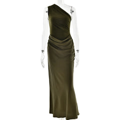 Satin One Shoulder Ruched Maxi Dress