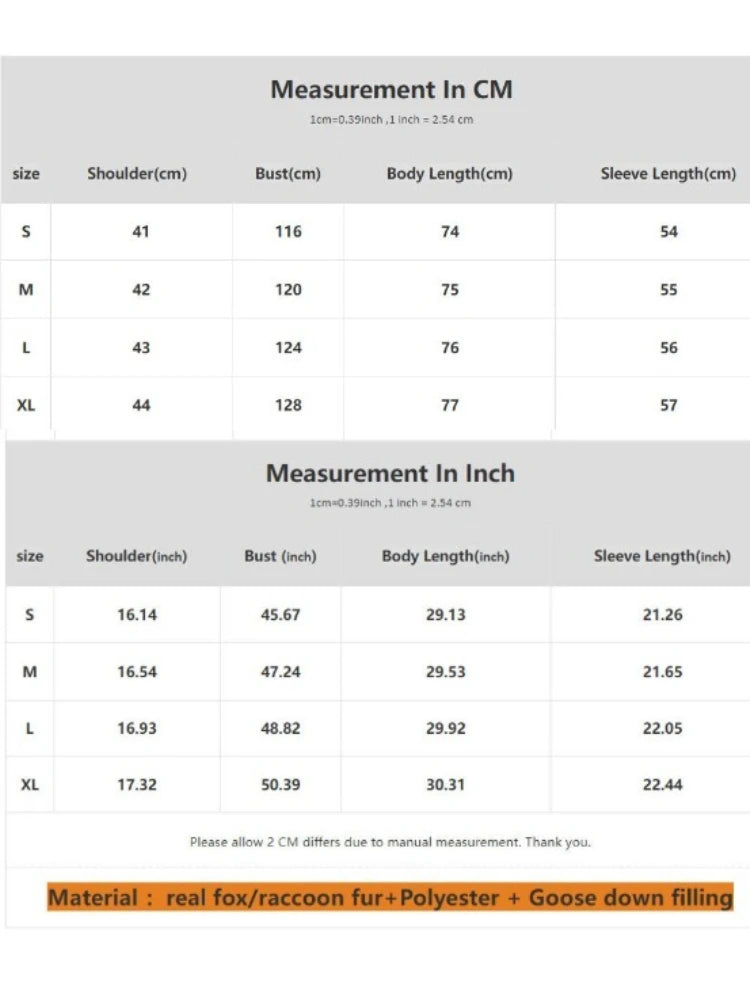 Measurement chart for clothing sizes in centimeters and inches with fur and goose down filling details.
