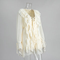Ruffled Lace Up Long Sleeve Mini Dress