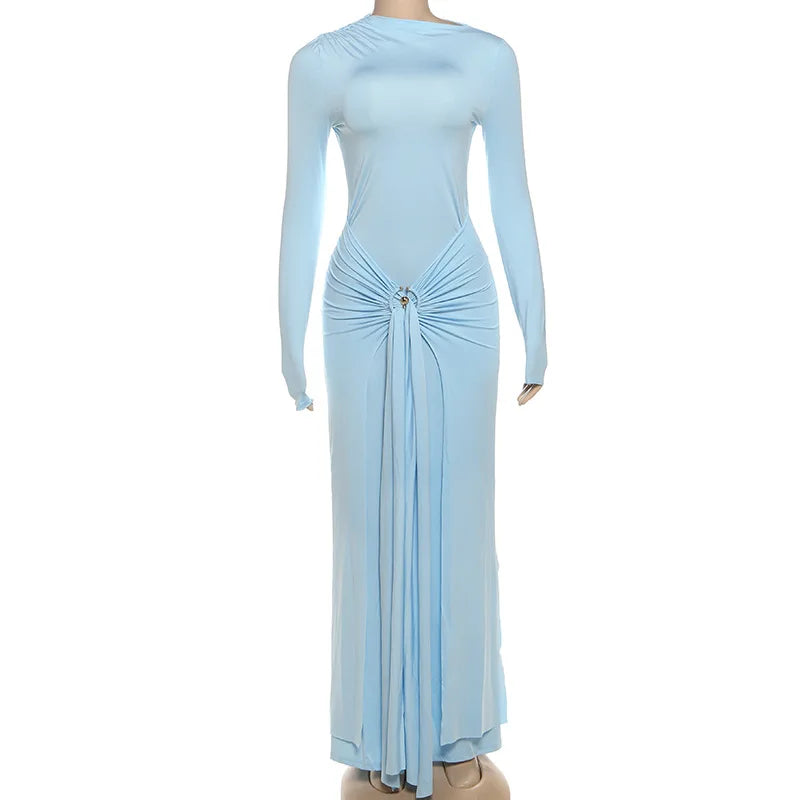Light blue long-sleeve dress on a mannequin against a white background