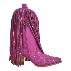 Pink cowboy boot with rhinestone fringe on a white background