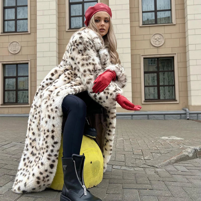 Long Belted Leopard Women Overcoats Fluffy Fox Fur Jacket