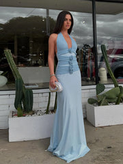 Woman in a light blue dress standing in front of a store with cacti.