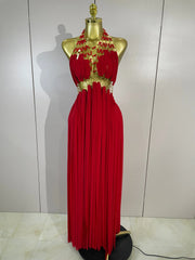 Gold Trim Halter Neck Maxi Dress