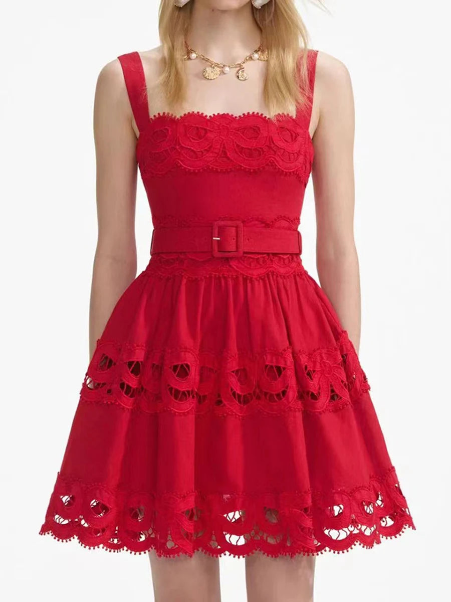Red lace dress on a white background