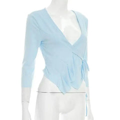 Ruched Wrap Neck 3/4 Sleeve Crop Top