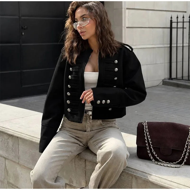 Black military style cropped jacket with ornate buttons