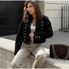 Black military style cropped jacket with ornate buttons