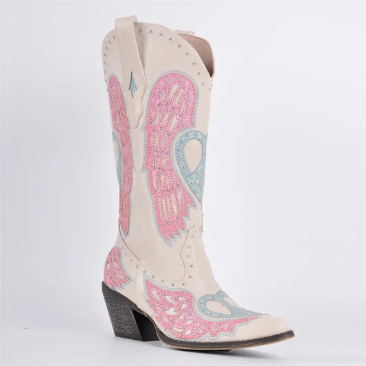 Cream embroidered wing detail boots