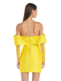 Off Shoulder Pleated Jacquard Yellow Mesh Long Sleeves Mini Dress 