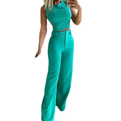 Women Hollow Out Cropped Top High Waist Long Pants Suits