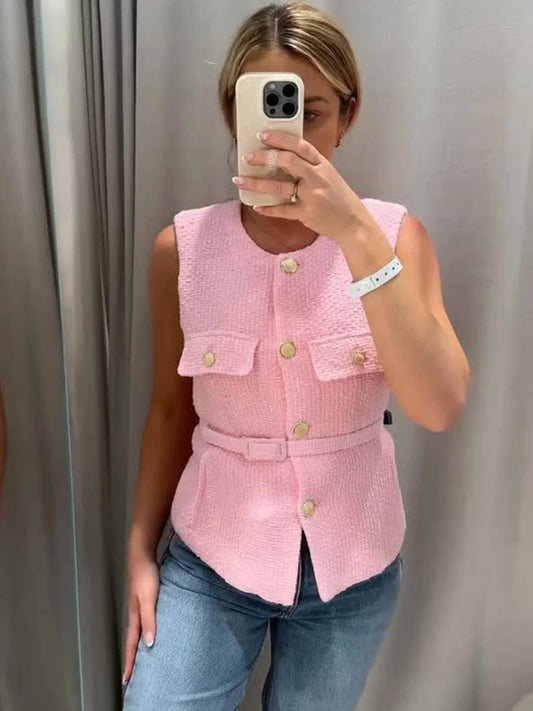 Pink tweed belted sleeveless top